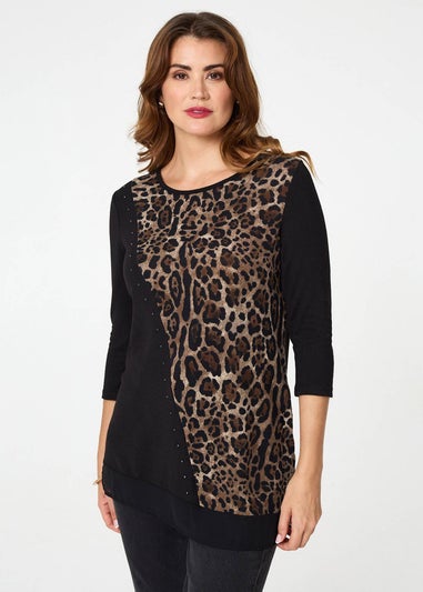 Izabel London Black Animal Print Asymmetric Tunic Top