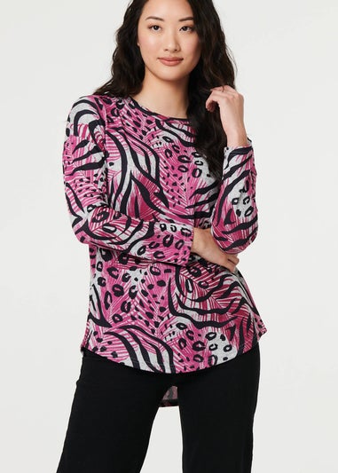 Izabel London Pink Animal Print Long Sleeve Curve Hem Top
