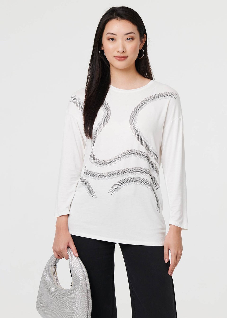 Izabel London White Sparkly Embellished Long Sleeve Top