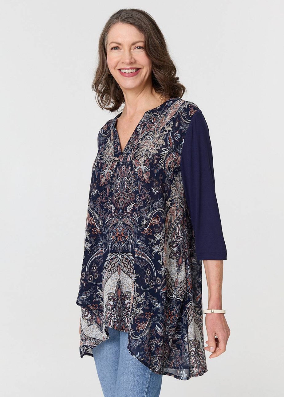 Izabel London Navy Paisley 3/4 Sleeve Semi Sheer Tunic Top