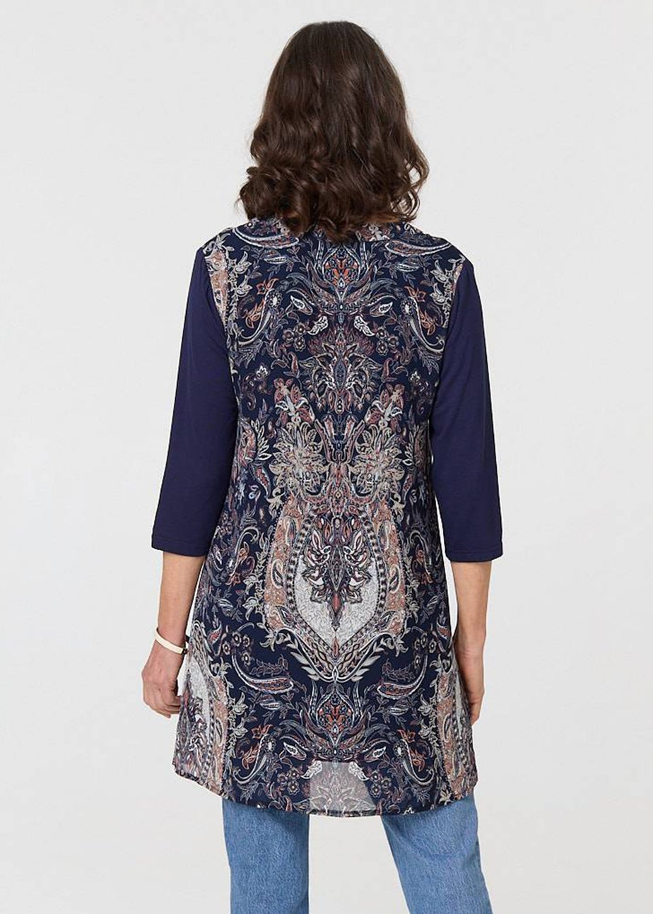 Izabel London Navy Paisley 3/4 Sleeve Semi Sheer Tunic Top