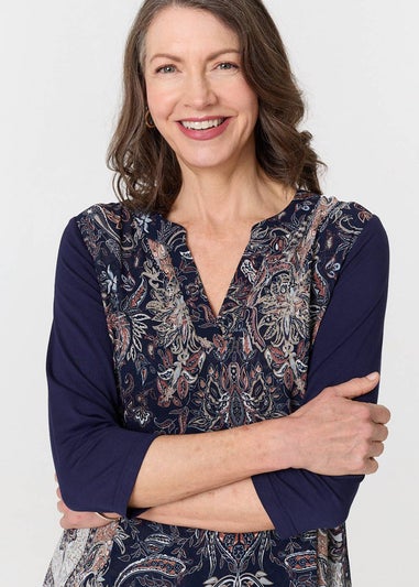Izabel London Navy Paisley 3/4 Sleeve Semi Sheer Tunic Top