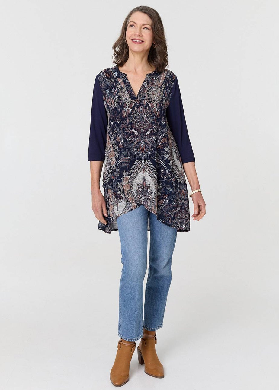 Izabel London Navy Paisley 3/4 Sleeve Semi Sheer Tunic Top