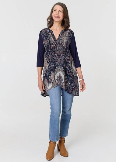 Izabel London Navy Paisley 3/4 Sleeve Semi Sheer Tunic Top