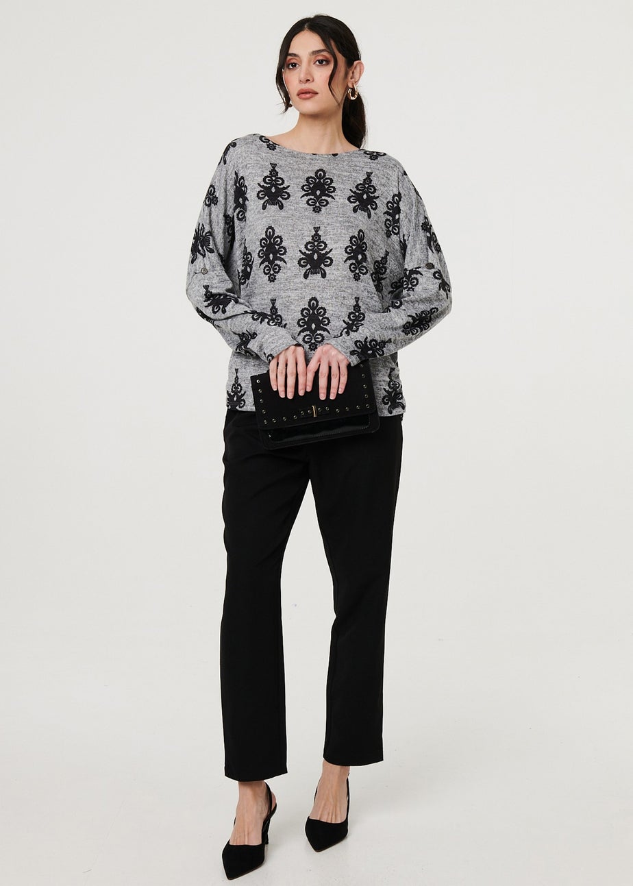 Izabel London Grey Printed Long Batwing Sleeve Relaxed Top