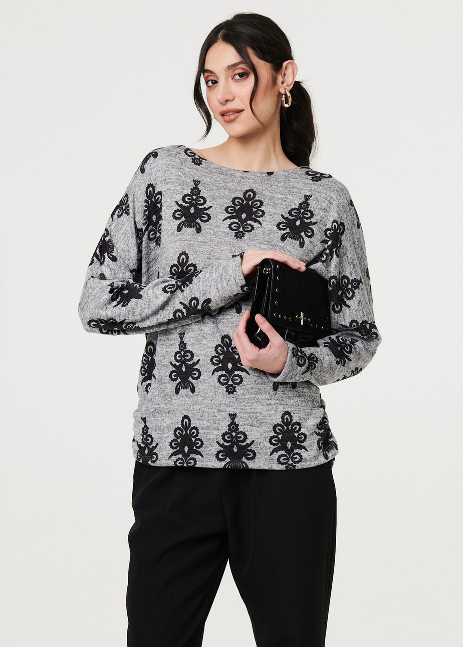 Izabel London Grey Printed Long Batwing Sleeve Relaxed Top