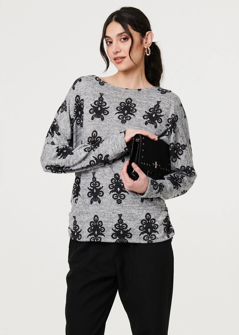 Izabel London Grey Printed Long Batwing Sleeve Relaxed Top