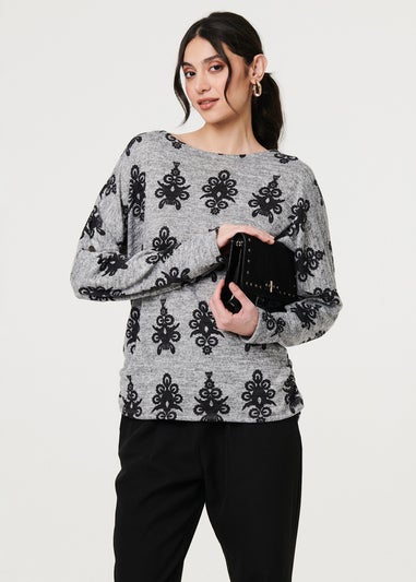 Izabel London Grey Printed Long Batwing Sleeve Relaxed Top