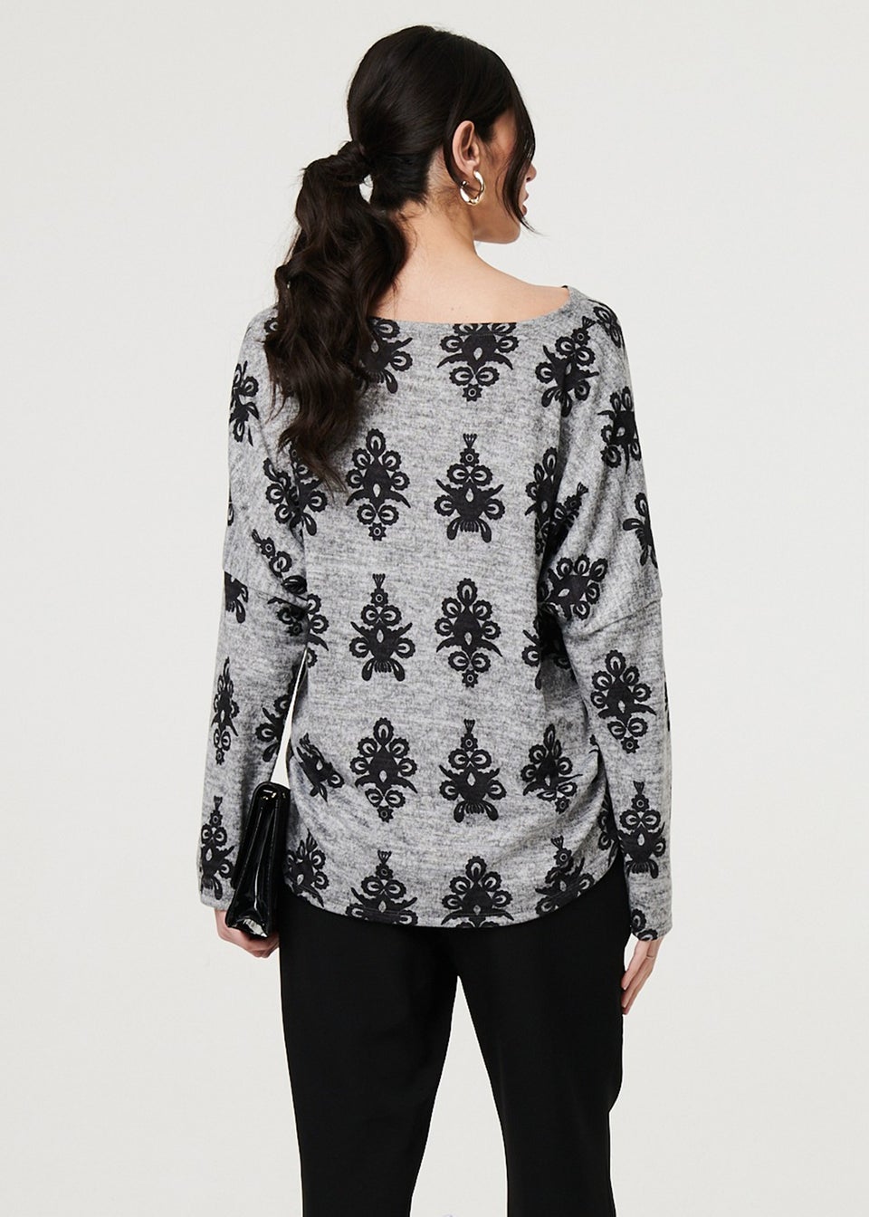 Izabel London Grey Printed Long Batwing Sleeve Relaxed Top