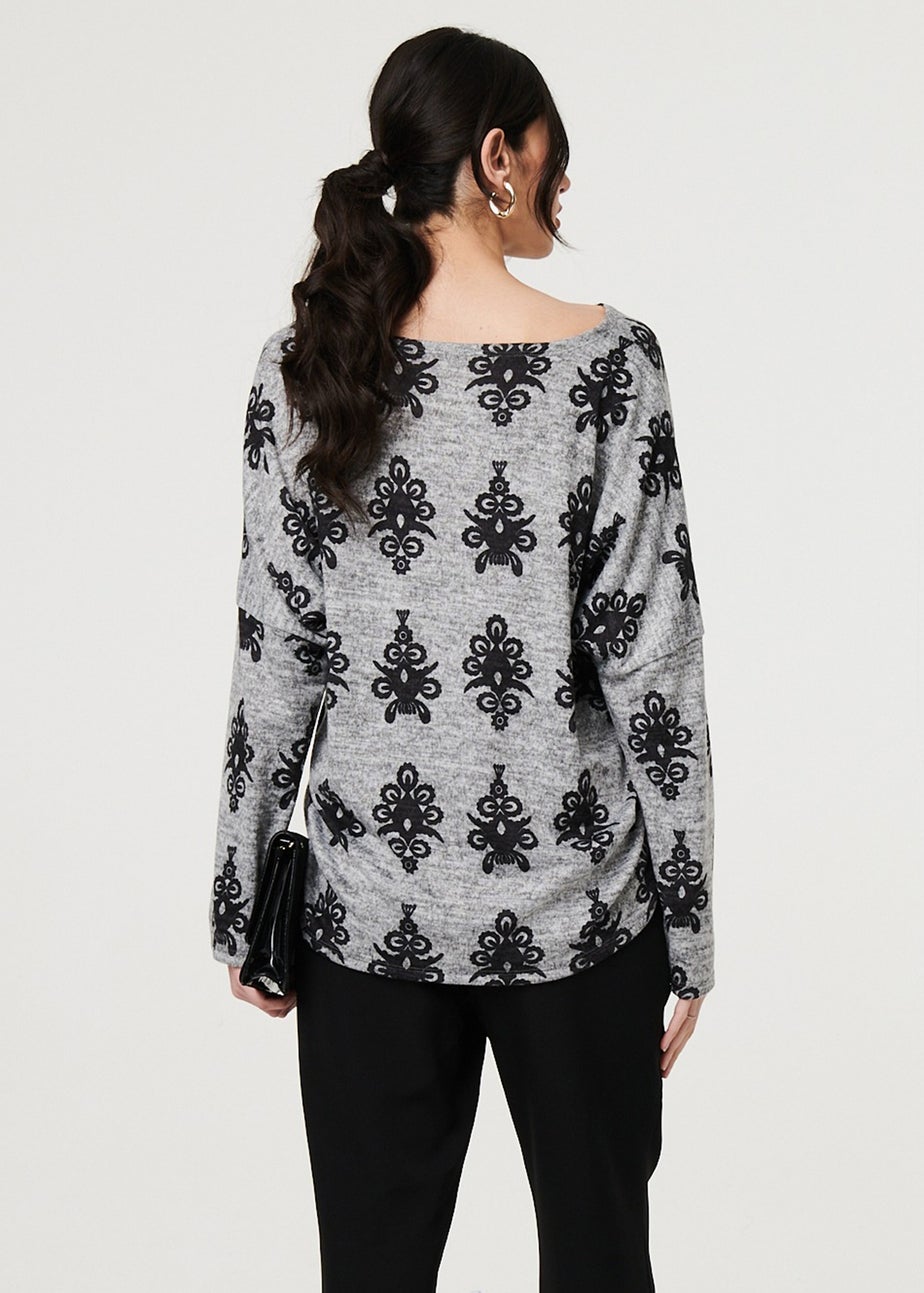 Izabel London Grey Printed Long Batwing Sleeve Relaxed Top