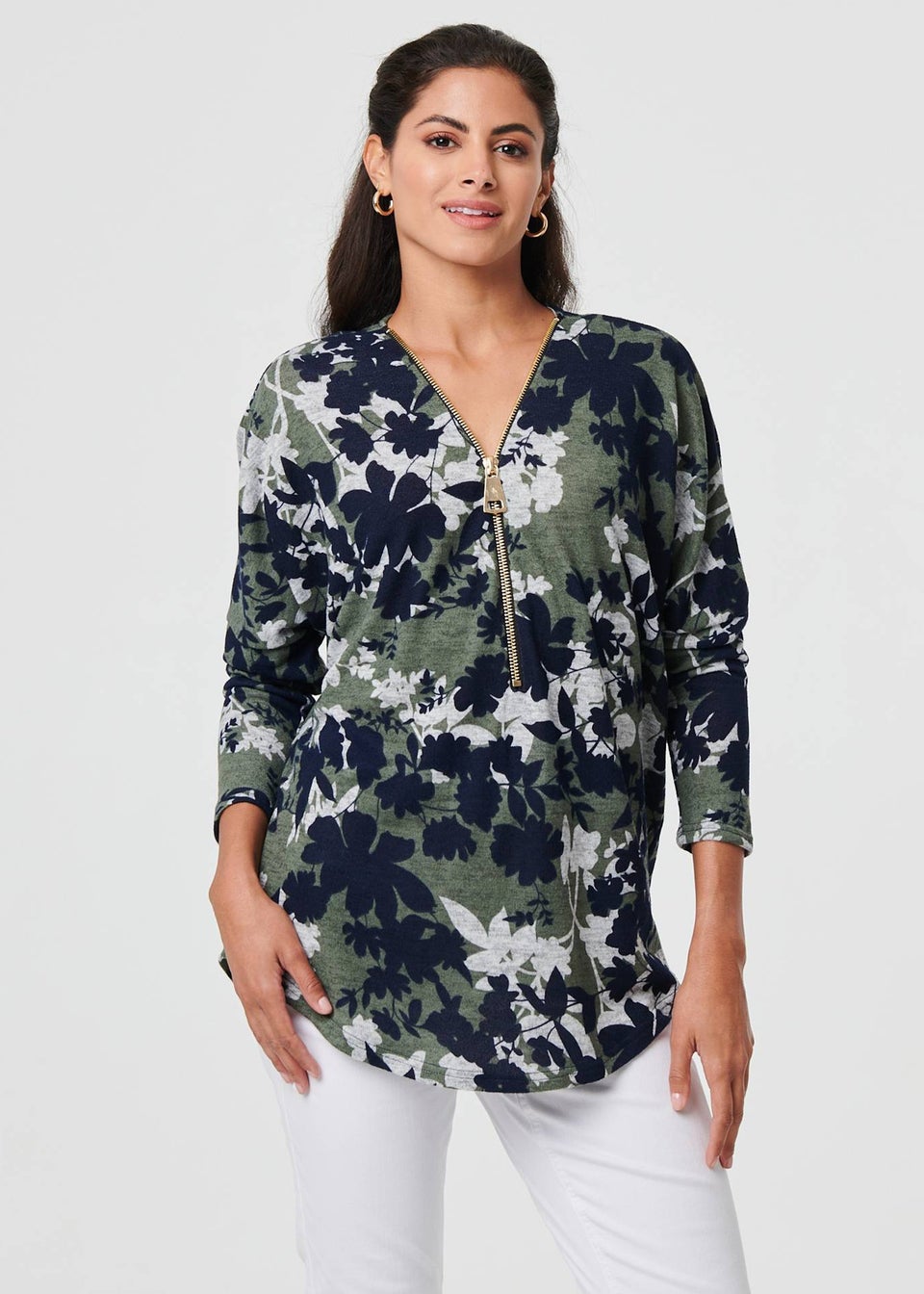 Izabel London Green Leaf Print Zip Front Relaxed Top