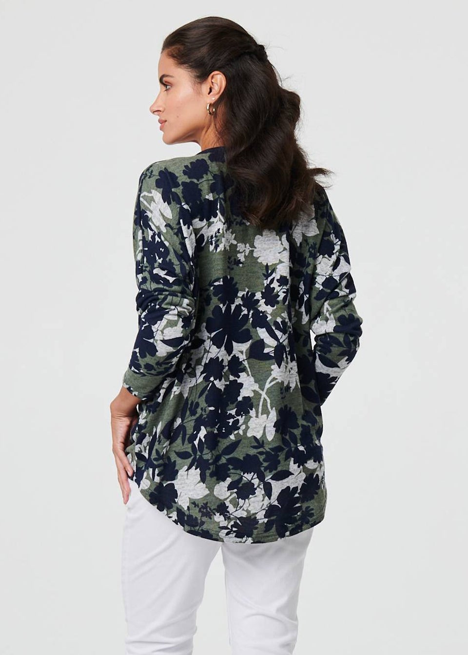 Izabel London Green Leaf Print Zip Front Relaxed Top