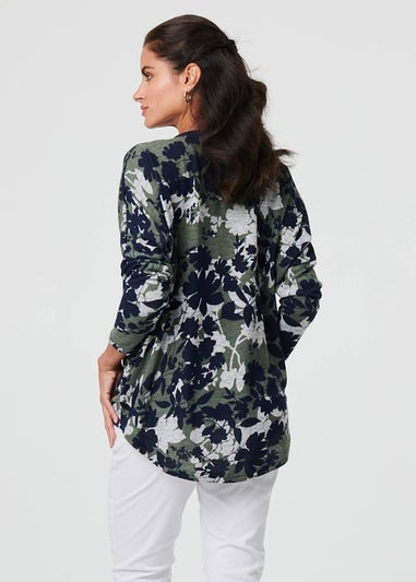Izabel London Green Leaf Print Zip Front Relaxed Top