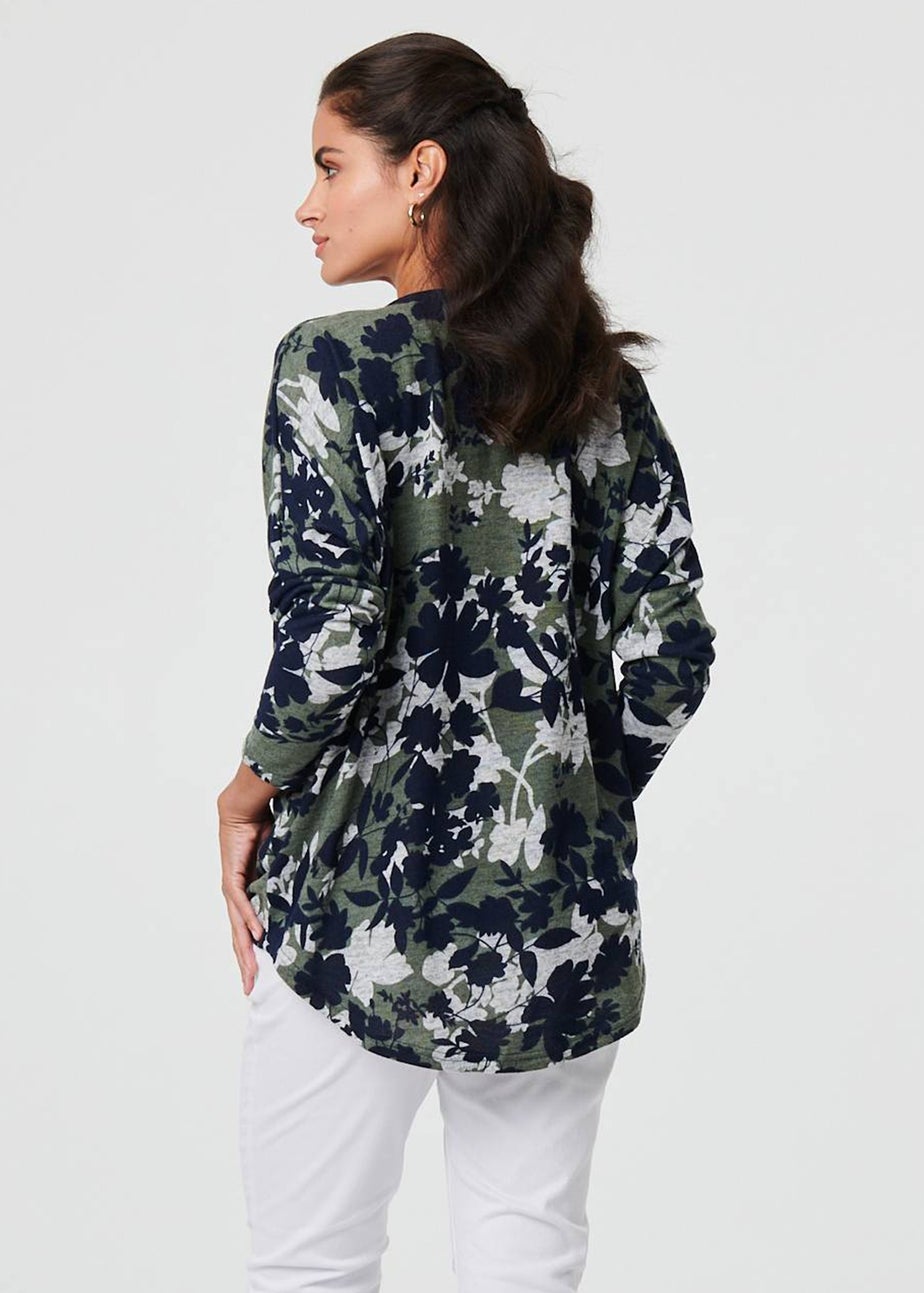 Izabel London Green Leaf Print Zip Front Relaxed Top