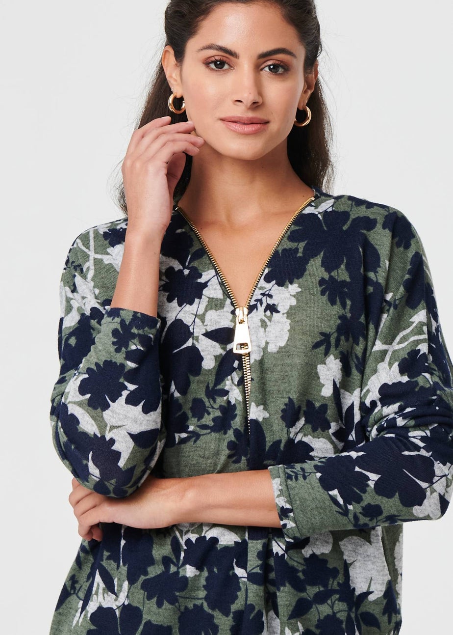 Izabel London Green Leaf Print Zip Front Relaxed Top