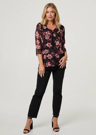 Izabel London Pink Floral 3/4 Sleeve Sheer Layered Blouse