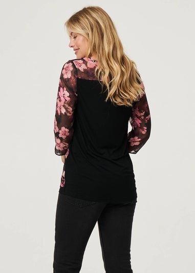Izabel London Pink Floral 3/4 Sleeve Sheer Layered Blouse
