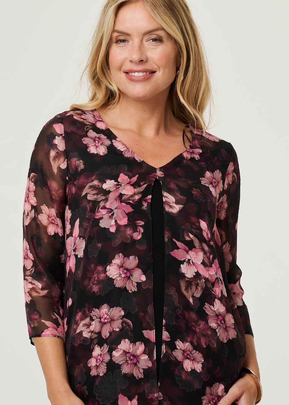 Izabel London Pink Floral 3/4 Sleeve Sheer Layered Blouse