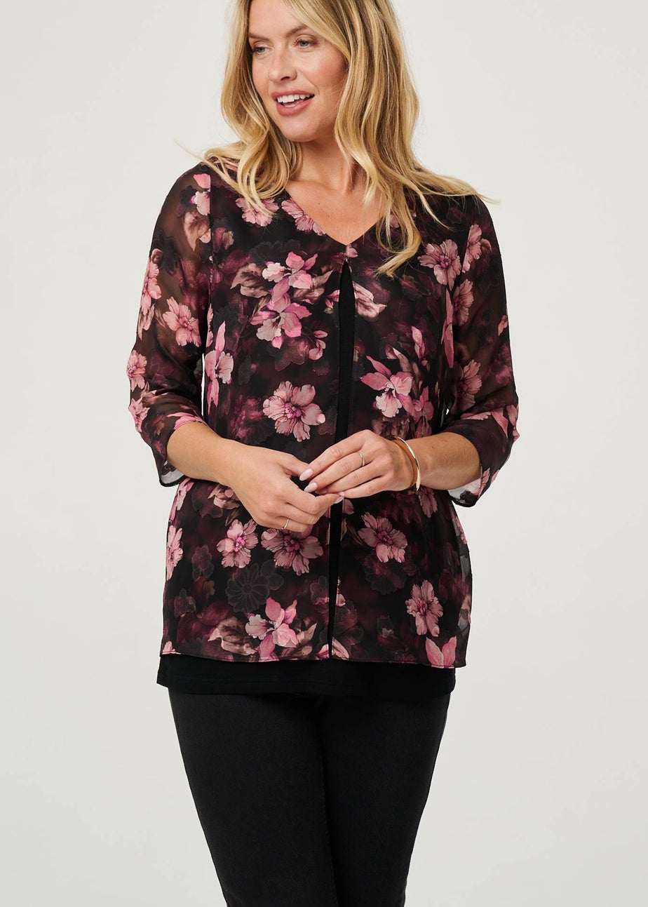 Izabel London Pink Floral 3/4 Sleeve Sheer Layered Blouse