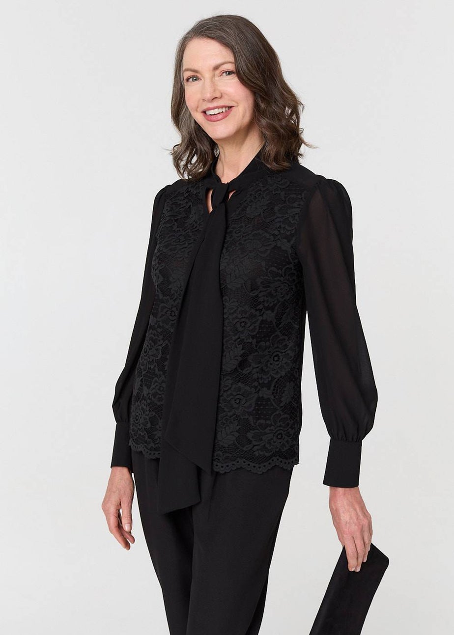 Izabel London Black Floral Lace Semi Sheer Textured Blouse