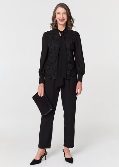 Izabel London Black Floral Lace Semi Sheer Textured Blouse