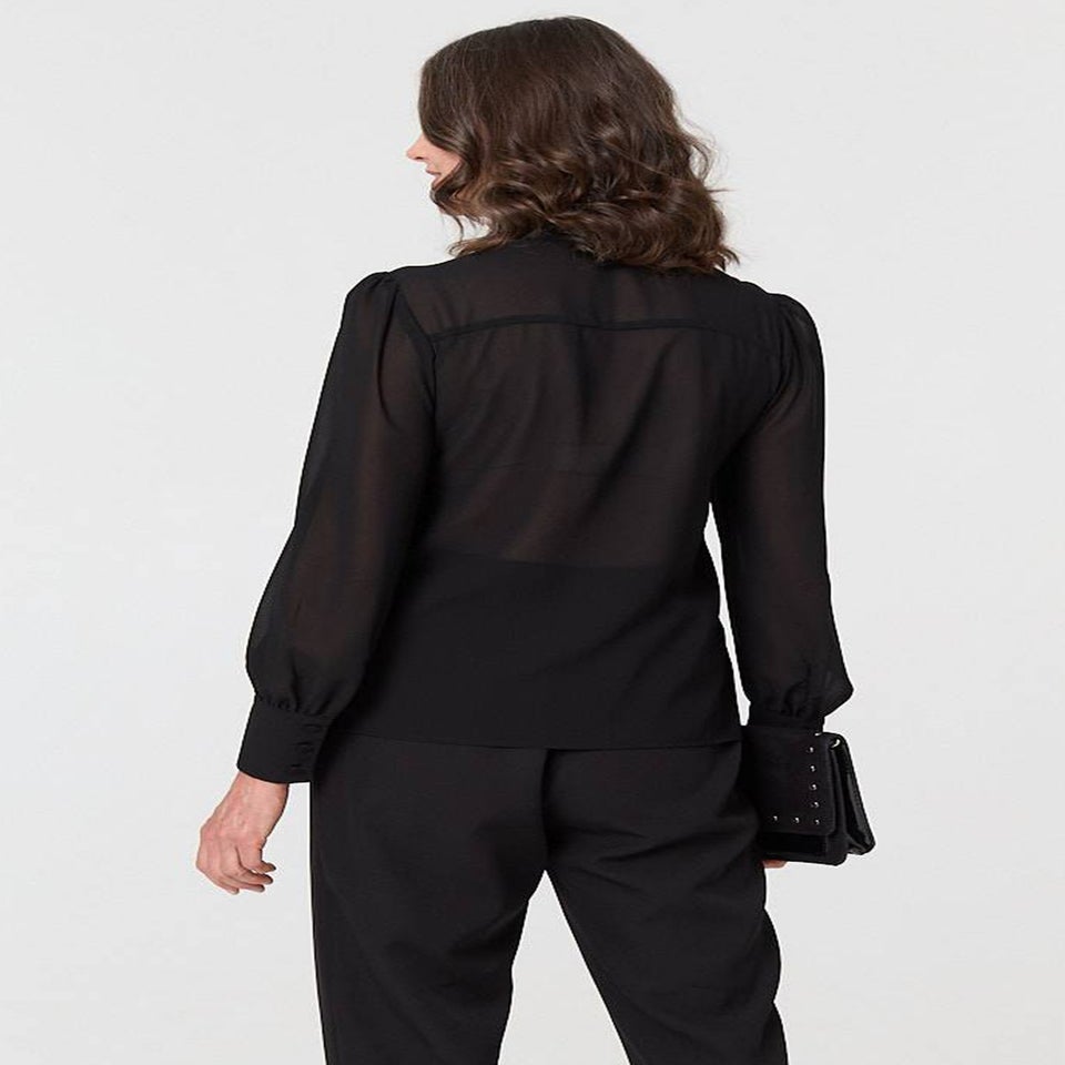 Izabel London Black Floral Lace Semi Sheer Textured Blouse