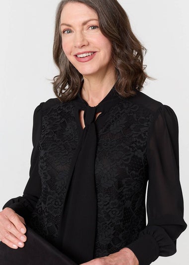 Izabel London Black Floral Lace Semi Sheer Textured Blouse