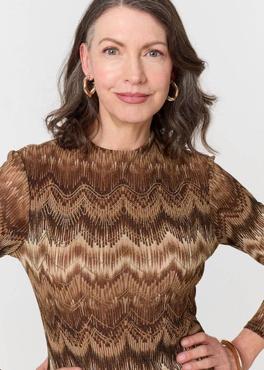 Izabel London Brown Sparkly Embellished High Neck Fitted Top