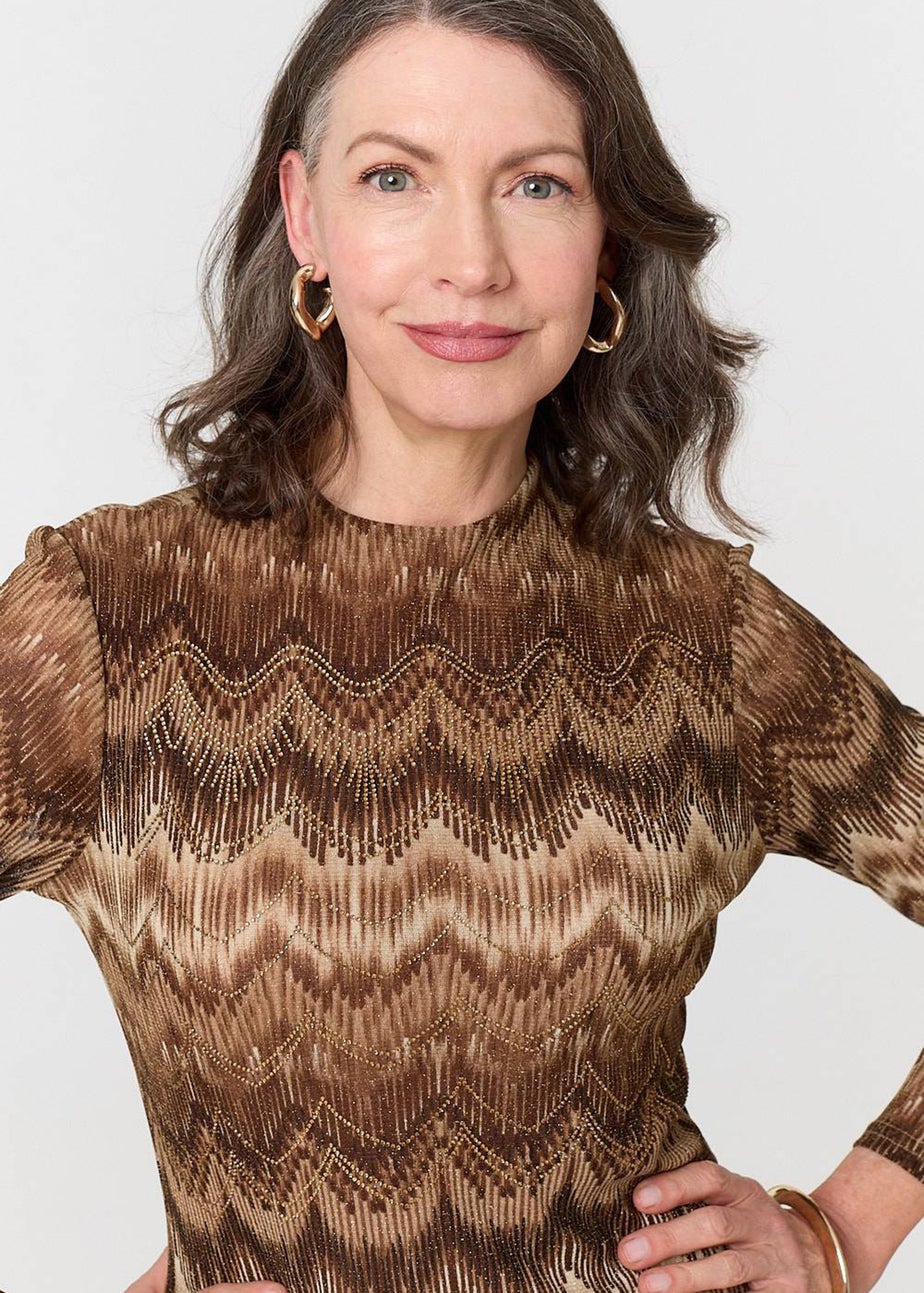 Izabel London Brown Sparkly Embellished High Neck Fitted Top