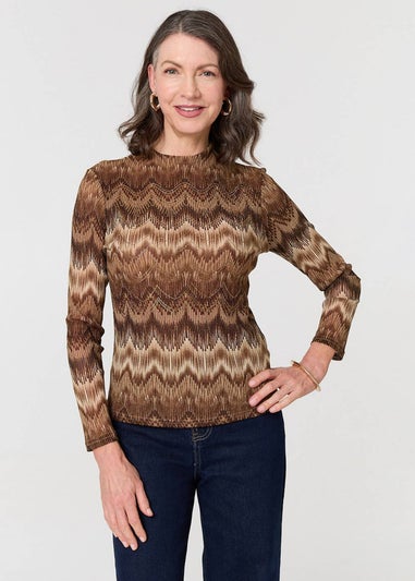 Izabel London Brown Sparkly Embellished High Neck Fitted Top