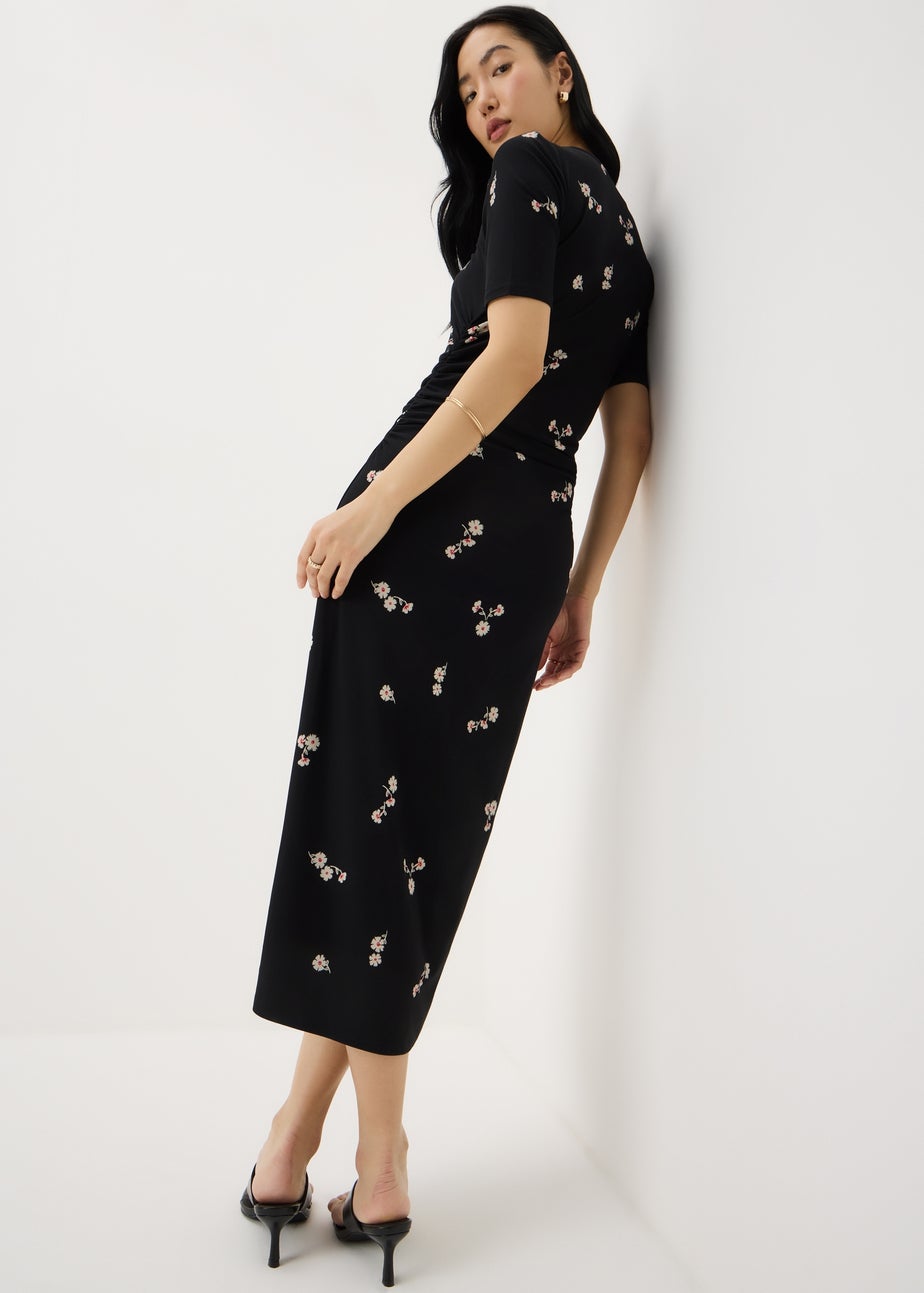 Black Floral Ruched Supersoft Midi Dress
