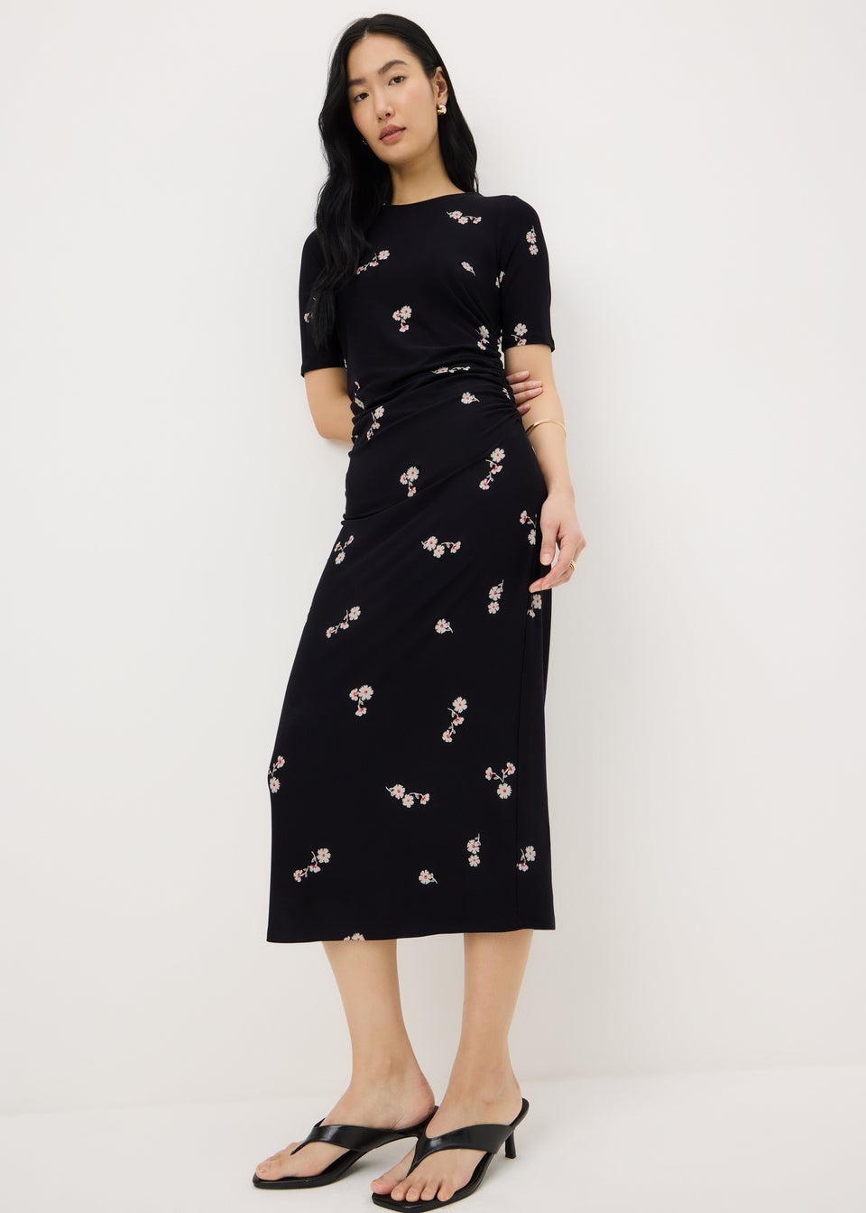 Black Floral Ruched Supersoft Midi Dress