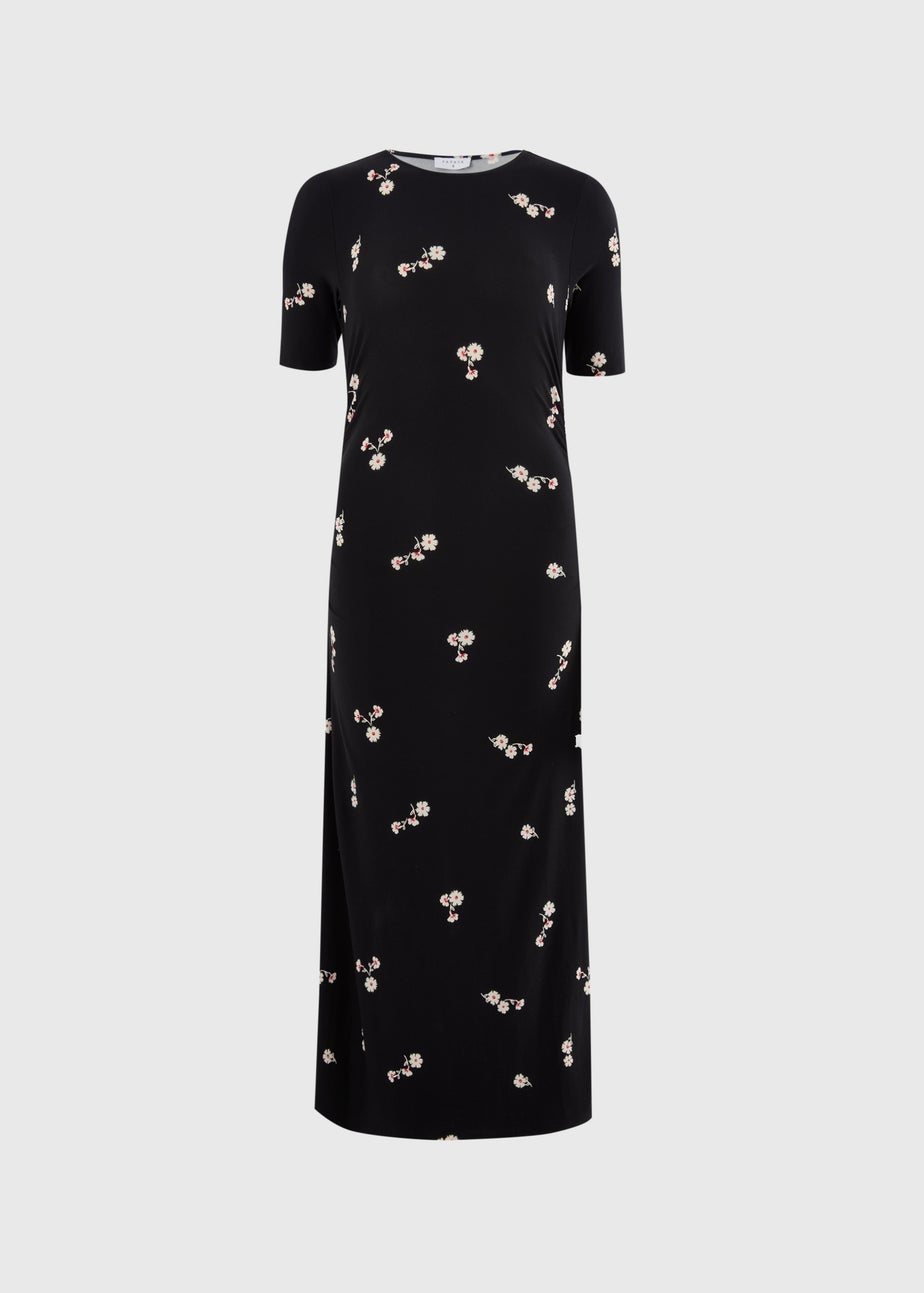 Black Floral Ruched Supersoft Midi Dress