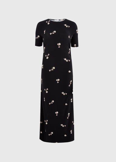 Black Floral Ruched Supersoft Midi Dress