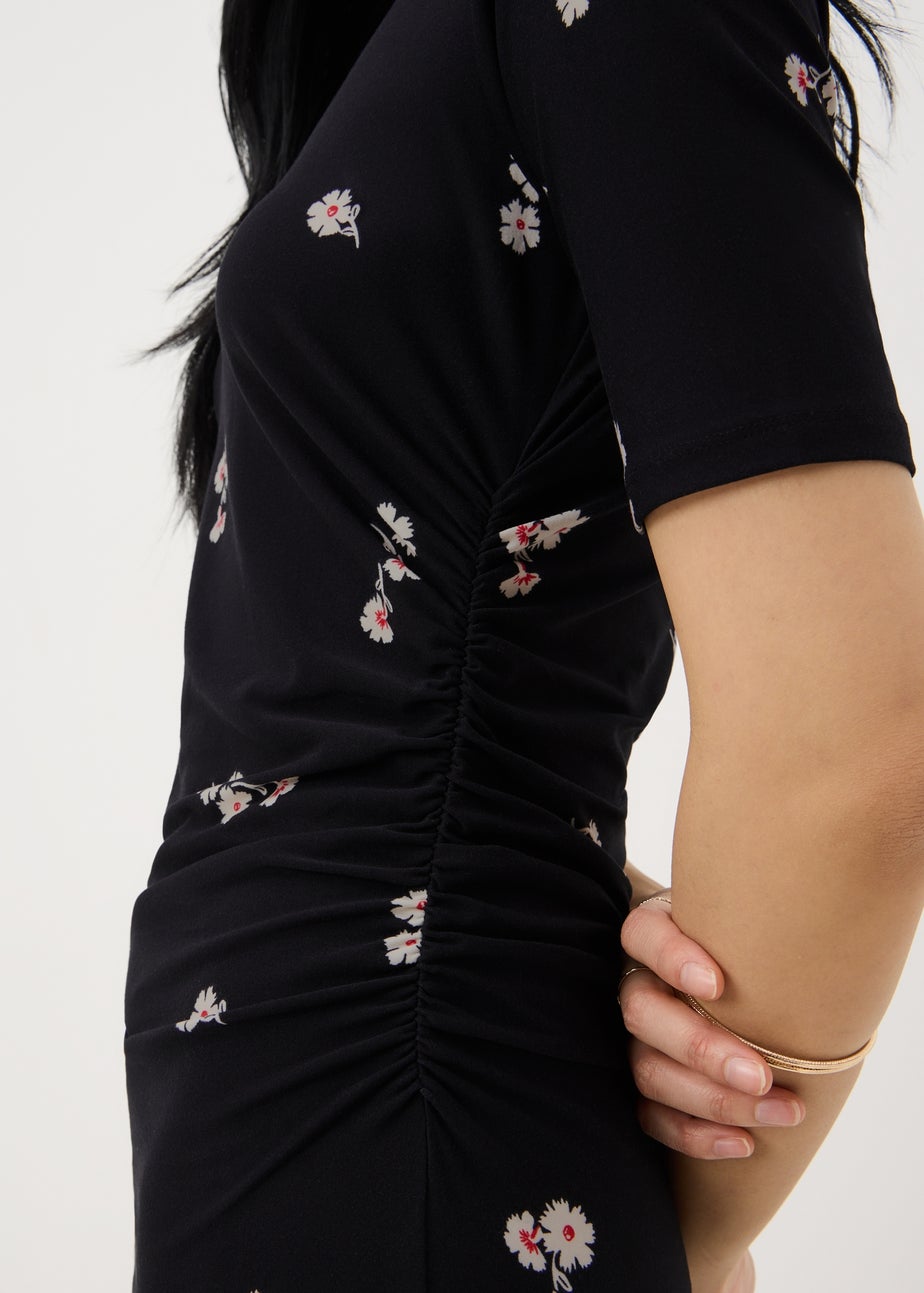 Black Floral Ruched Supersoft Midi Dress