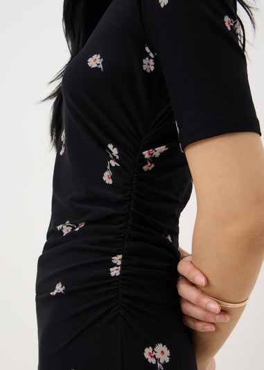 Black Floral Ruched Supersoft Midi Dress