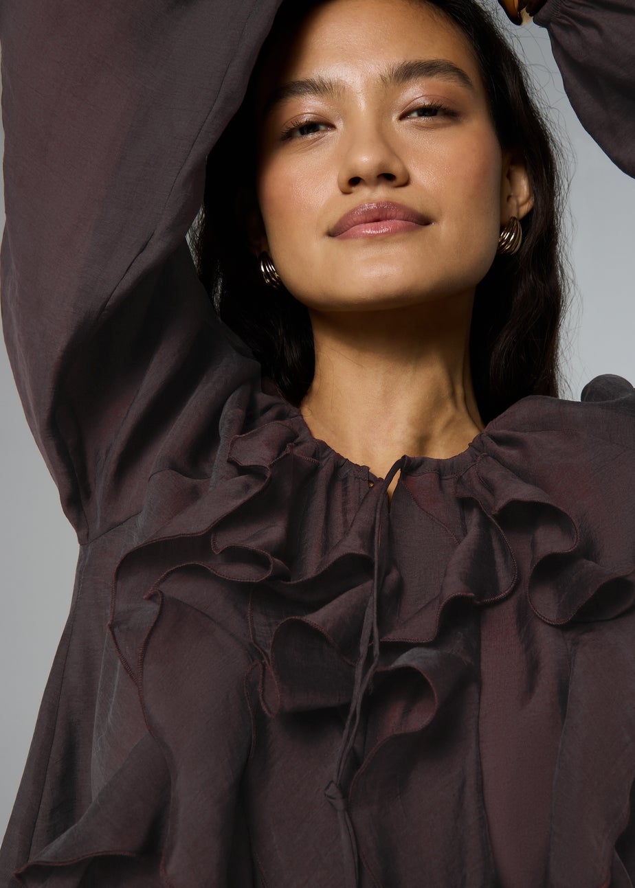Et Vous Chocolate Brown Statement Frill Blouse
