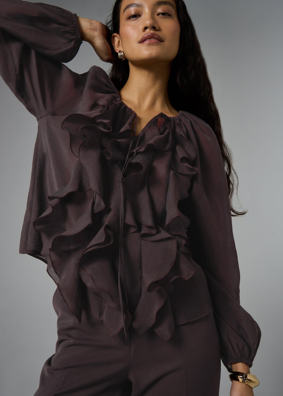 Et Vous Chocolate Brown Statement Frill Blouse