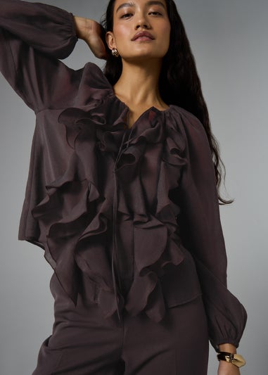 Et Vous Chocolate Brown Statement Frill Blouse