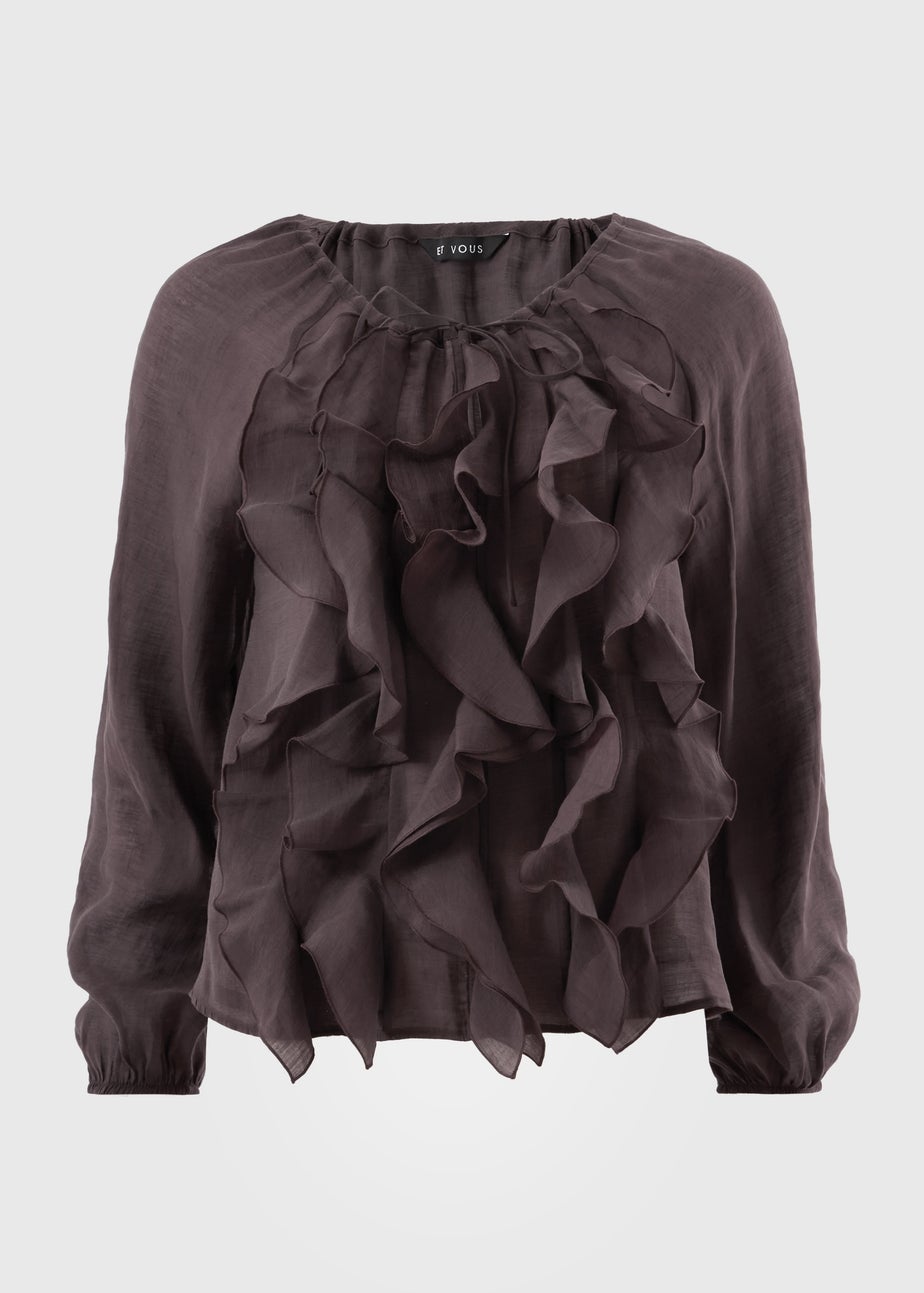 Et Vous Chocolate Brown Statement Frill Blouse