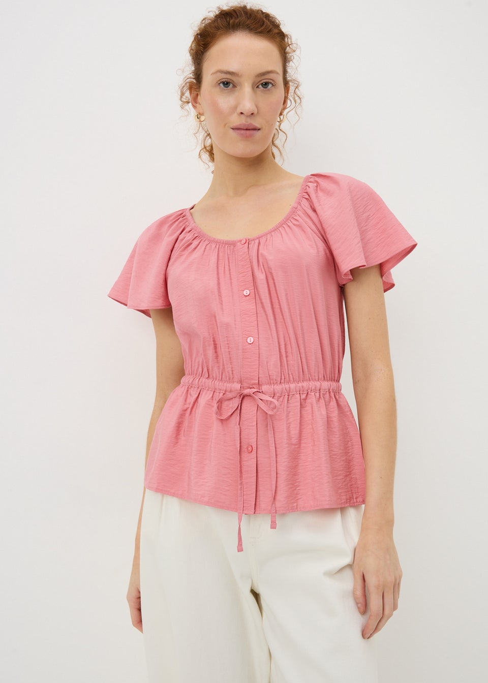 Pink Angel Sleeve Tie Waist Shirt