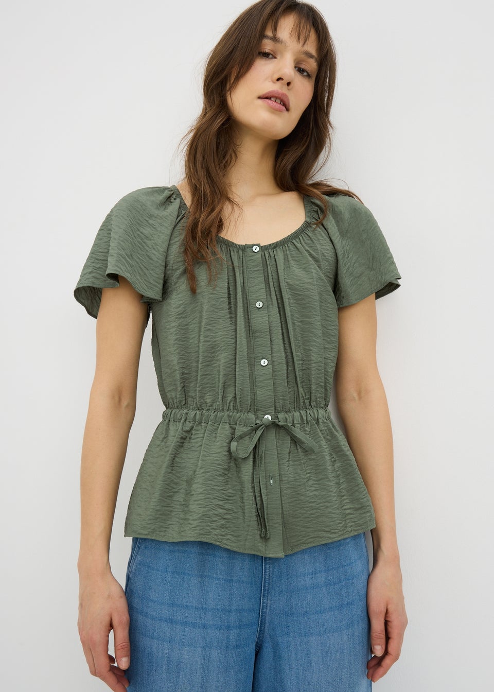 Green Angel Sleeve Tie Waist Shirt