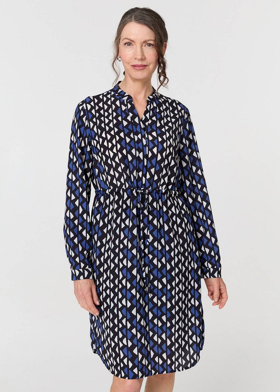 Izabel London Blue Geo Print Tie Waist Knee Length Dress