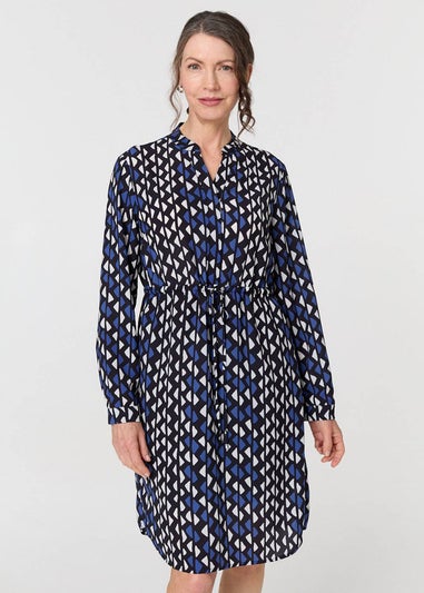 Izabel London Blue Geo Print Tie Waist Knee Length Dress