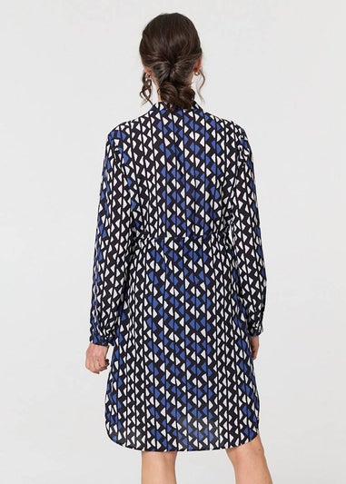 Izabel London Blue Geo Print Tie Waist Knee Length Dress