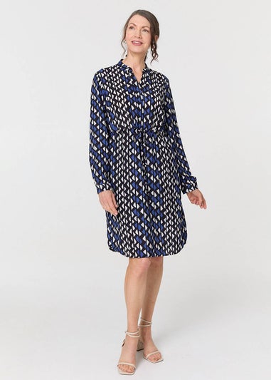 Izabel London Blue Geo Print Tie Waist Knee Length Dress