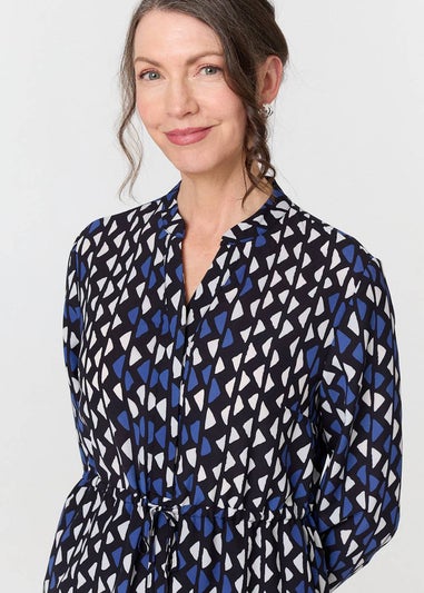 Izabel London Blue Geo Print Tie Waist Knee Length Dress
