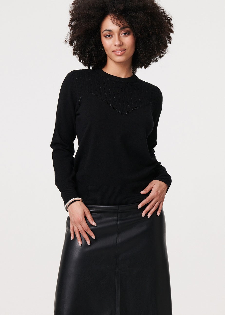 Izabel London Black Textured Knit Slim Fit Jumper