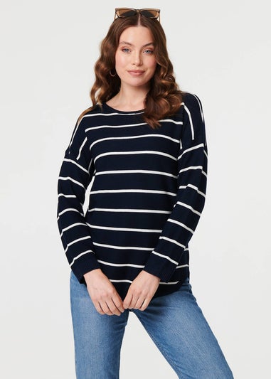 Izabel London Navy Striped Drop Shoulder Long Sleeve Top