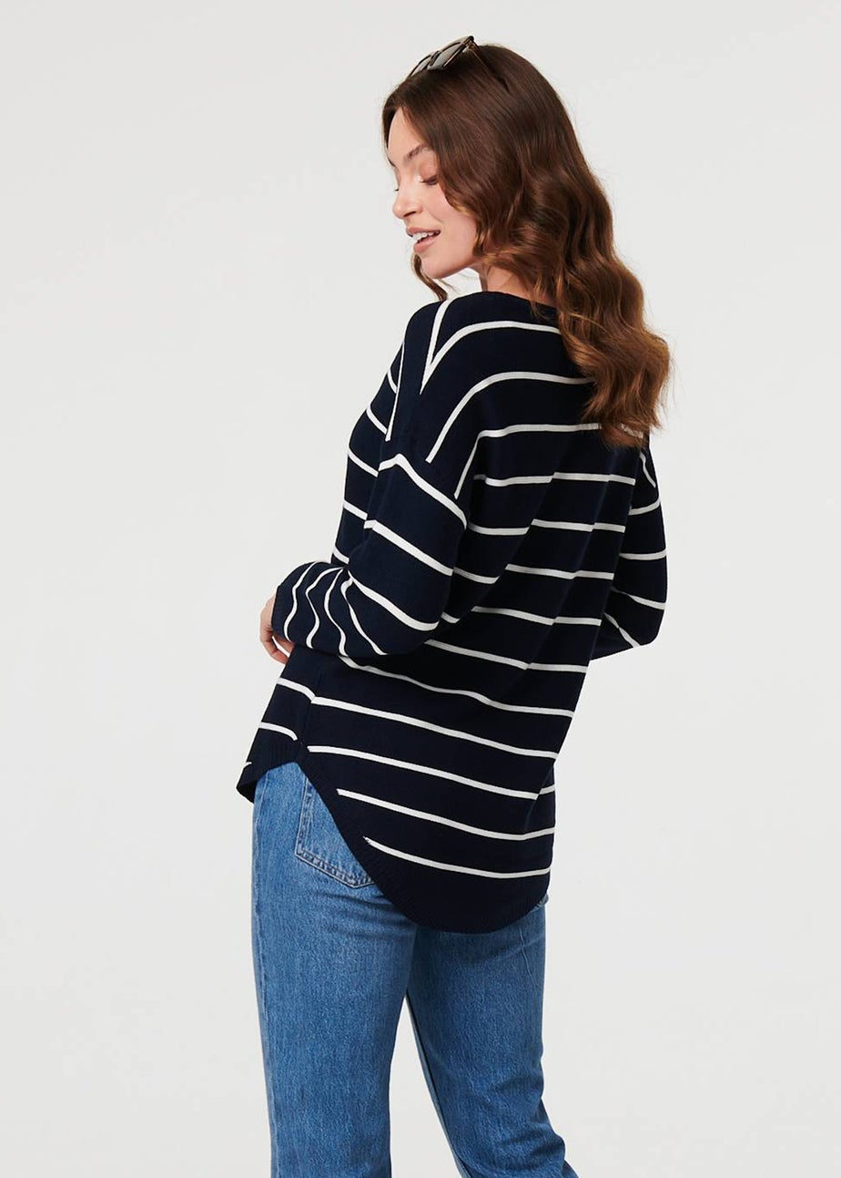 Izabel London Navy Striped Drop Shoulder Long Sleeve Top
